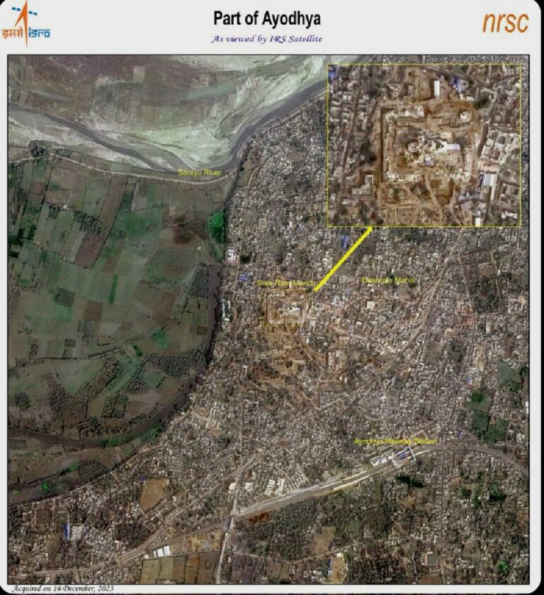 “Aerial Views from India’s Satellites Showcase Ayodhya’s Ram Temple: See Images of the Majestic Structure from Space”